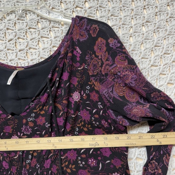 Free People Mini Tunic Dress Women Size XS Lucky Loosey Black Floral Tassel Tie - Picture 4 of 14